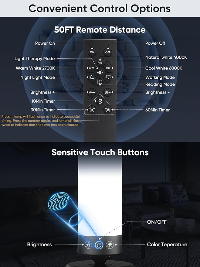 OYADISIIOP Light Therapy Lamp 10,000 Lux Happy Therapy Light with Remote, 2-in-1 Pedestal to Tabletop Lighting, Full Spectrum Daylight Lamp with Adjustable Color/Brightness/Timer, Memory Function, 24W