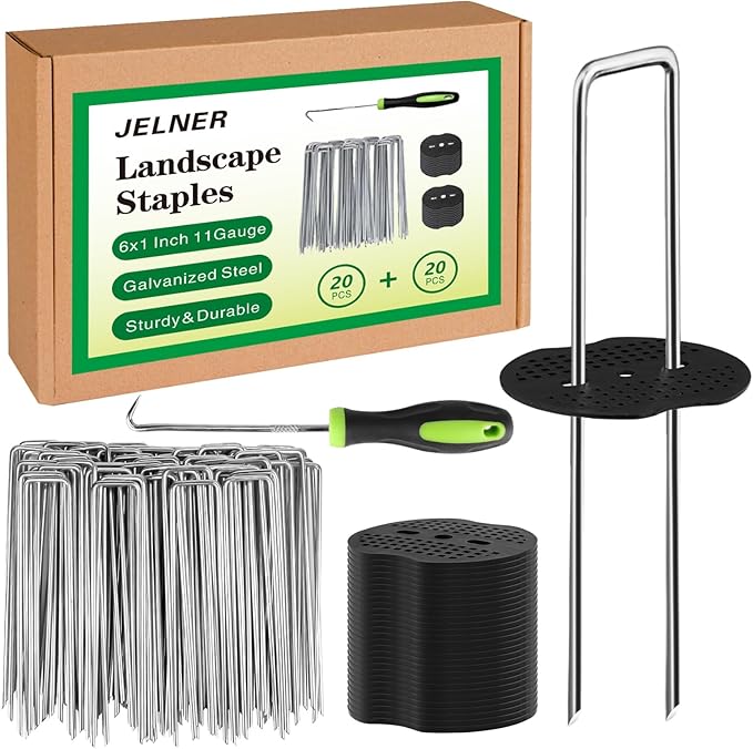 Garden Stakes,6 Inch 11 Gauge 20pcs Galvanized Landscape Staples + 20pcs Gaskets + 1Pick Hook, Tent Stakes Landscaping Fabric SOD Pins for Weed Fabric Barrier,Groud Cover,Fence