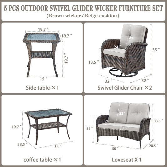 Belord 5 Piece Wicker Patio Furniture Set - Outdoor Conversation Sets with Deep Seating Swivel Rocker Chairs Loveseat and Rattan Coffee Table for Deck Backyard, Brown Wicker/Beige Cushion