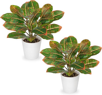 GnFlus Fake Plants Set of 2 Artificial Plants Faux Croton Plant with White Pots Fake Potted Plants Artificial Decor for Farmhouse Room Bathroom Bedroom Kitchen Office Table Desk Green and Red