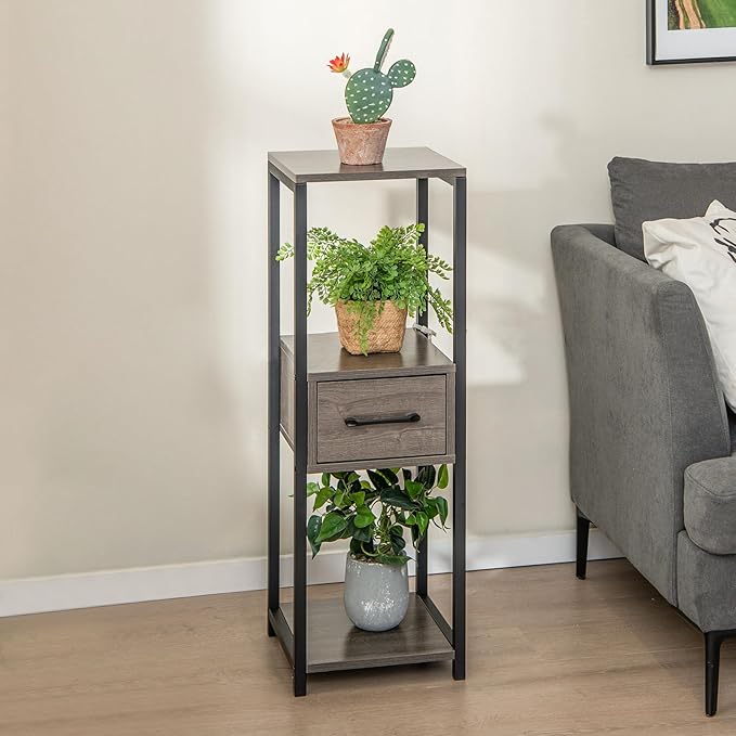 Giantex 3 Tier Tall Plant Stand Indoor, 36 Inch Corner Flower Stand Display Rack Storage Shelf with Drawer & Metal Frame for Multiple Flower Pots, Square Plant Shelf for Balcony, Living Room (1 Pack)
