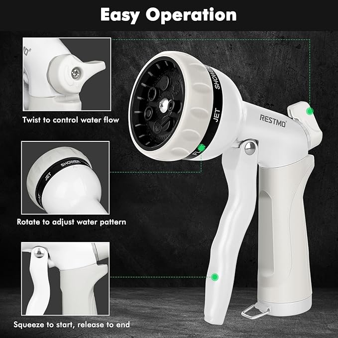 RESTMO Garden Hose Nozzle, Heavy Duty Metal Water Hose Nozzle with 7 Adjustable Spray Patterns, High Pressure Hand Sprayer with Flow Control, Best for Watering Plant & Lawn, Washing Car & Pet, White