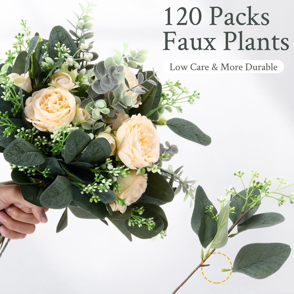 Janinka Mixed Eucalyptus Stems, Artificial Greenery White Seeds, 120