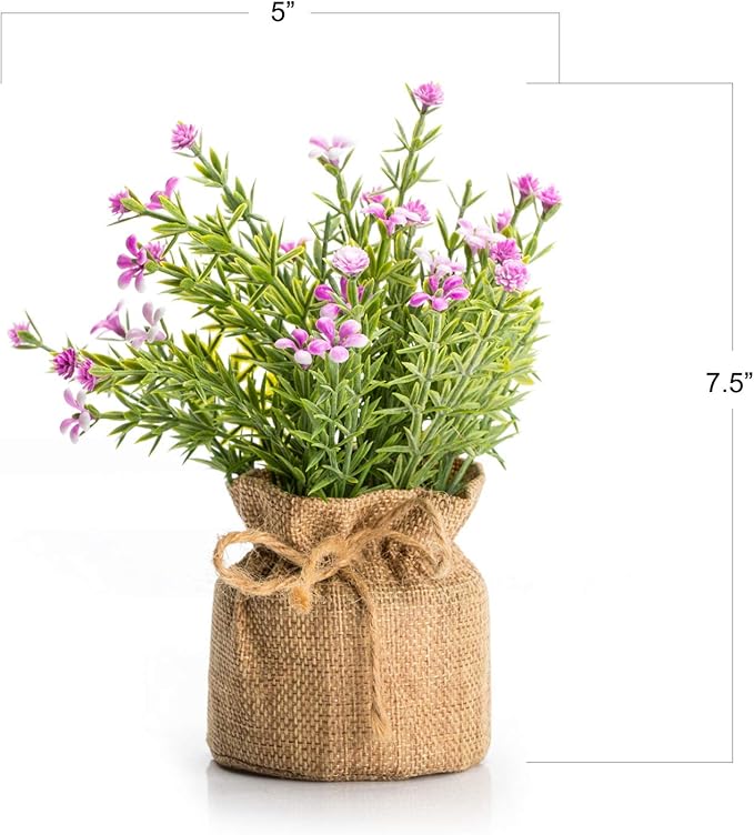 Velener Babys Breath Artificial Flowers in Small Burlap Bag Vases 3Pcs -Gypsophila Faux Flowers Farmhouse Home Coffee Table Bookshelf Office Desk Decorations Kitchen Dining Room Fake Plants Indoor