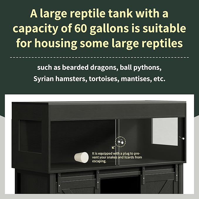 Herture 60 Gallon Reptile Terrarium with Stand, Terrarium Enclosure with Acrylic Doors, Storage Cabinet with Barn Door, Mesh Lid & Power Outlet – Vivarium Habitat for Medium Reptiles Black PX05RTB