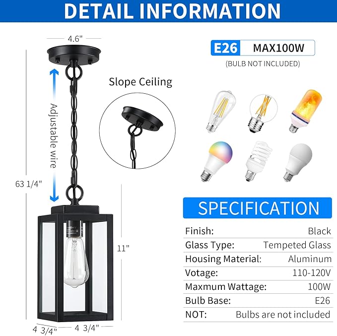11'' Outdoor Pendant Light, Modern Outside Chandelier Outdoor Hanging Lantern Light, Matte Black with Clear Glass, Exterior Pendant Lighting Fixture for Porch, Yard, Gazebo, 1Pack