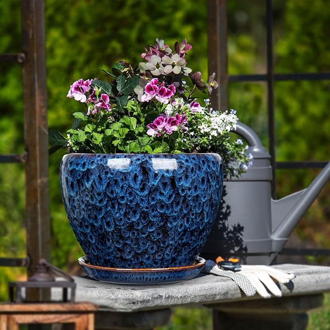 Hollyone 9inch Ceramic Planter Blue Ceramic Plant Pot for Plants Flowers with Drainage Hole and Saucers Ceramic Glaze Round Flower Plant Pot for Indoor Outdoor Large Round Succulent Orchid Flower Pot
