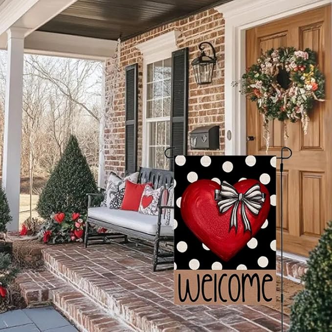 Valentines Day Welcome Garden Flag 12x18 Inch Double Sided Outside Polka Dot Red Heart with Bow Love Outdoor Seasonal Yard Holiday Decorations