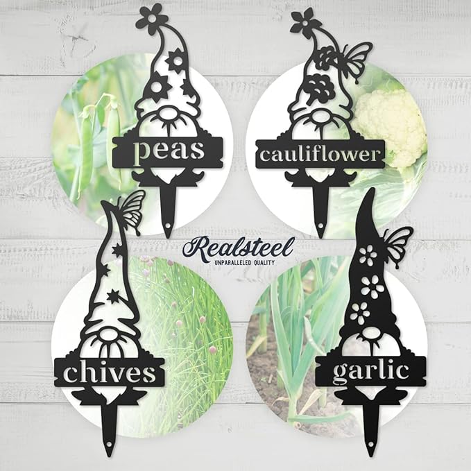 RealSteel, Garden Gnomes Metal Plant Labels, Vegetable, Herb Markers, Outdoors (Chives)