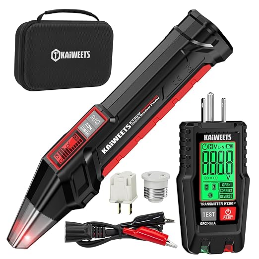 KAIWEETS Circuit Breaker Finder with LCD Display, GFCI Outlet Tester, Electrical Circuit Tracer Tool with NCV Test & Flashlight, Includes Carrying Case and Adapters- KT301P