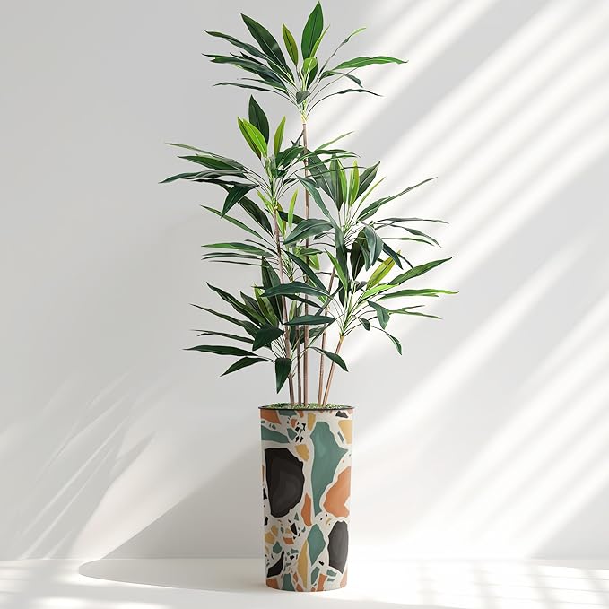 Artificial Tree in Modern Geometric Pattern Planter, Fake Dracaena Tree Silk Tree for Indoor and Outdoor Home Decoration - 66" Overall Tall (Plant Pot Plus Tree)