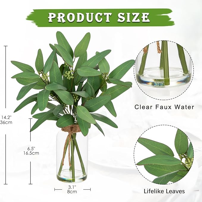 Briful Artificial Eucalyptus Stems in Clear Glass Vase with Faux Water, 14" Fake Plant Eucalyptus Leaves for Home Office Farmhouse Wedding Centerpiece Décor