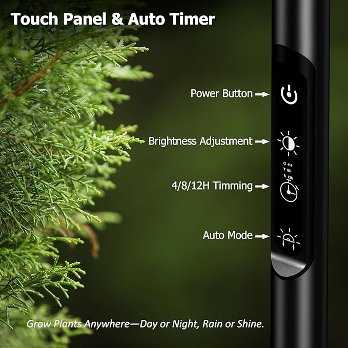 STERREN Plant Floor Lamp for Indoor Plants, Full Spectrum LED Grow Light with 4/8/12H Timer, Dimmable Black Plant Light with Stand, Rotary Tall Grow Lights Head Adjustable, 4000K