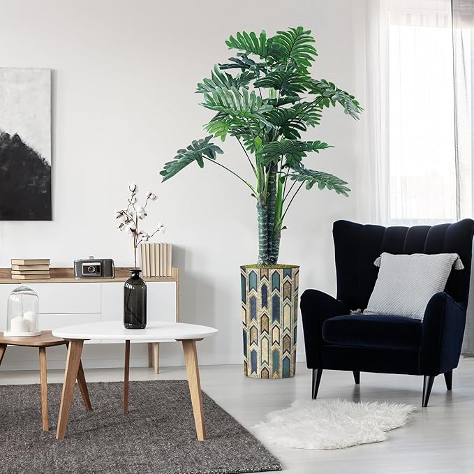 Artificial Tree in Modern Polygon Pattern Effect Planter, Fake Philodendron Tree Silk Tree for Indoor and Outdoor Home Decoration - 70" Overall Tall (Plant Pot Plus Tree)