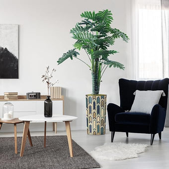 Artificial Tree in Modern Polygon Pattern Effect Planter, Fake Philodendron Tree Silk Tree for Indoor and Outdoor Home Decoration - 70" Overall Tall (Plant Pot Plus Tree)