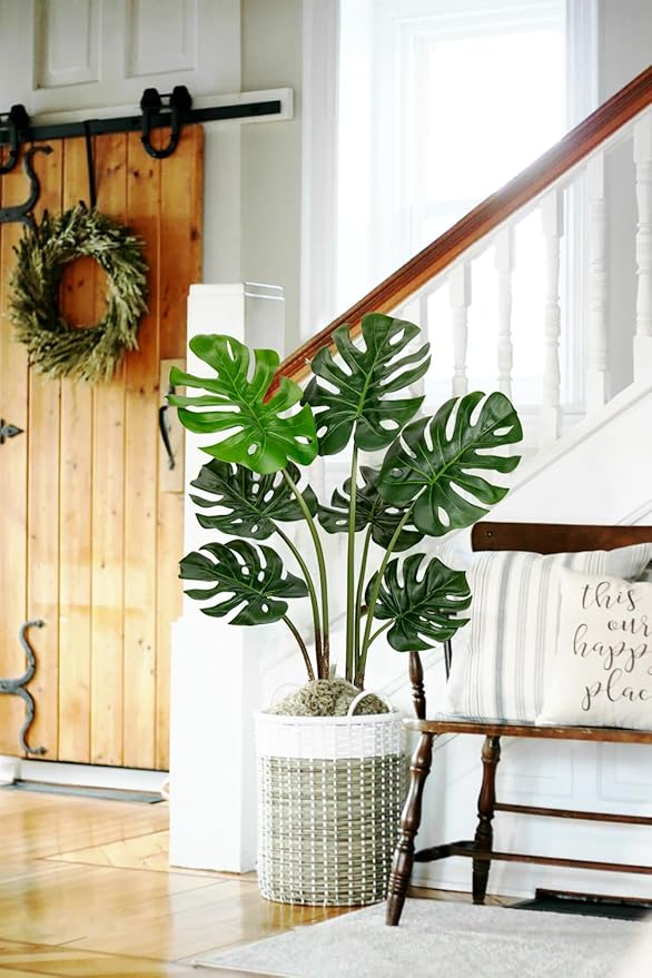 Hollyone Artificial Monstera Deliciosa Plant 3FT Tall Fake Tropical Palm Plants Trees Faux Monstera Indoor Swiss Cheese Plants for Indoor Outdoor Home Office Garden Living Room Decoration, 1 Pack