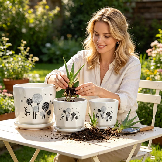 FOLKLORE13 Woodland Deer Floral Ceramic Plant Pots Set of 3, Modern Nordic Planters with Drainage Hole and Saucer, Decorative Flower Pot for Indoor Houseplants, Christmas & New Year Home Decor