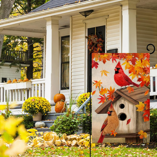 Fall Cardinal Garden Flag 12x18 Double Sided Bird Maple Leaves Yard Decor