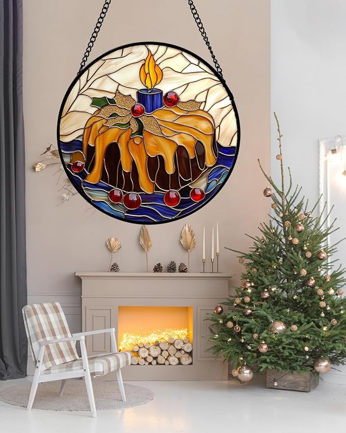 Stained Glass Window Hanging - Blue Candle Cake Suncatcher for Doors Home Christmas Decoration Winter Sun Catcher Thanksgiving New Year Birthday Gifts for Women Men Mom Nana Girl 15 in