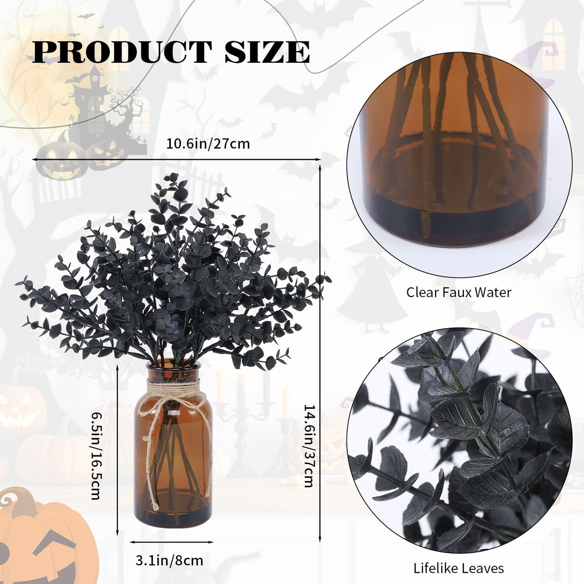 Coferset Fake Eucalyptus Stems in Glass Vase with Faux Water,Black