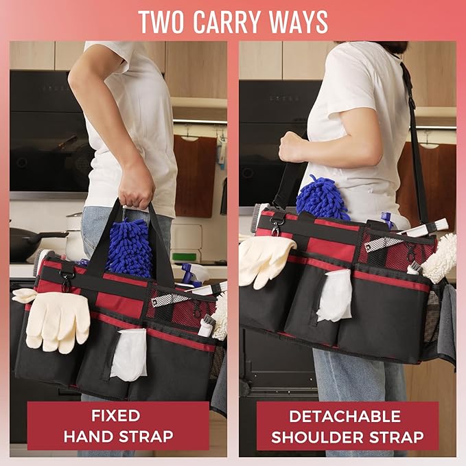 Wearable Cleaning Caddy, Cleaning Caddy Supplies Organizer with Handle & Shoulder Straps for Housekeepers, Under Sink & Car Cleaning Tool Organizers Bag with 4 Foldable Divider (Wine)