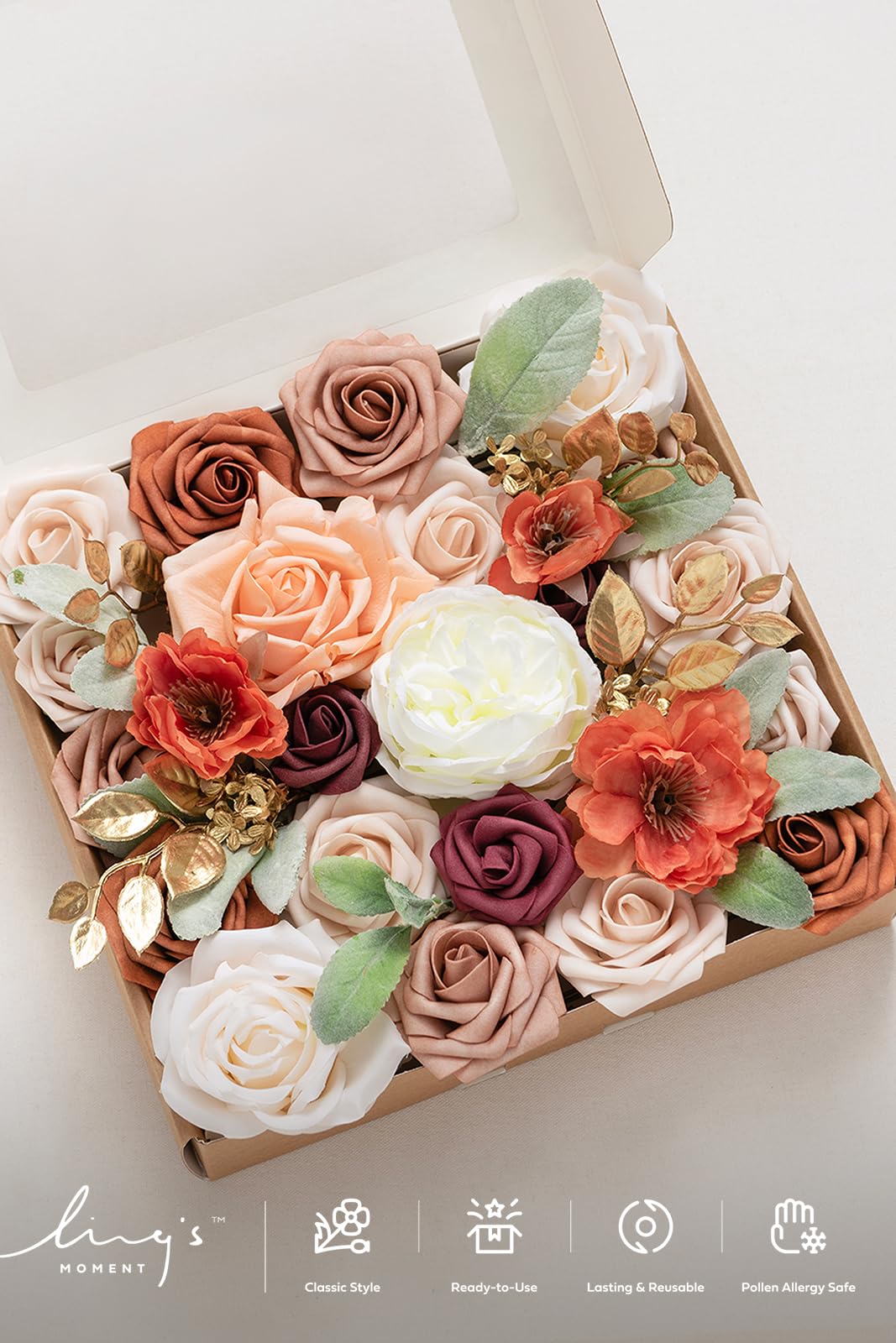 Ling's moment Fake Flowers Box, Dusty Rose & Orange Grand Combo