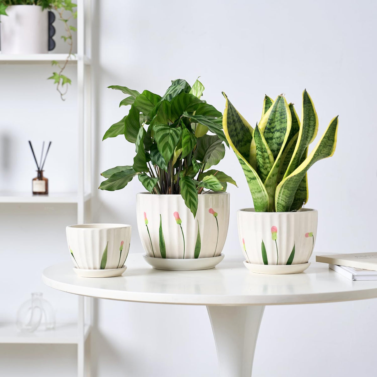 STHIE 4/5/6 Inches White Ceramic Plant Pots with Drainage Holes and Saucer