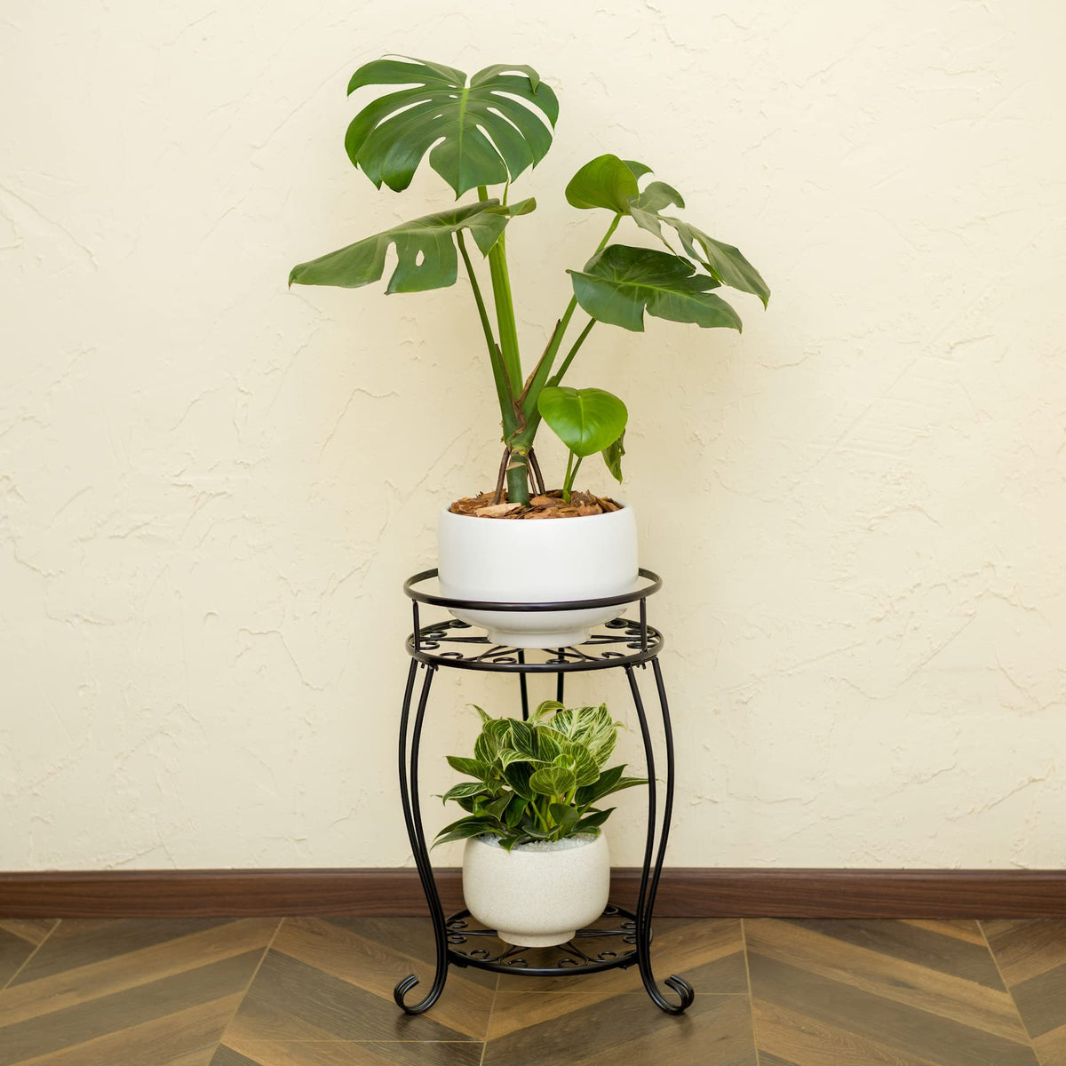 FaithLand 2 Tier Black Metal Plant Stand Indoor Outdoor, 19.4", 2 Pack