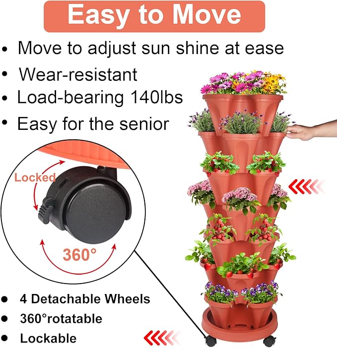 DUNCHATY Stackable Planters 7 Tier Vertical Garden Planting Tower Planters Strawberry, Herb, Flower, and Vegetable Planter Indoor Outdoor Gardening Pots with Removable Wheels and Tools, 2 Set