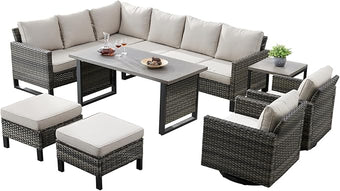 Belord Patio Sectional Furniture Set with Coffee Table: 8 Pieces Wicker Patio Conversation Set with L Shaped Sofa, Outdoor Swivel Glider Rocker, Rattan Ottomans, Removable