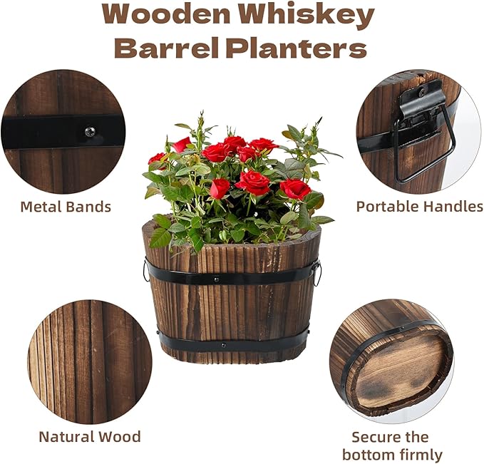 3 Pcs Wooden Whiskey Barrel Planters, Wooden Flower Planters Pots Boxes with Metal Handles 3 Sizes Planting Wood Buckets Tree Pot for Indoor Outdoor Garden Home Plants
