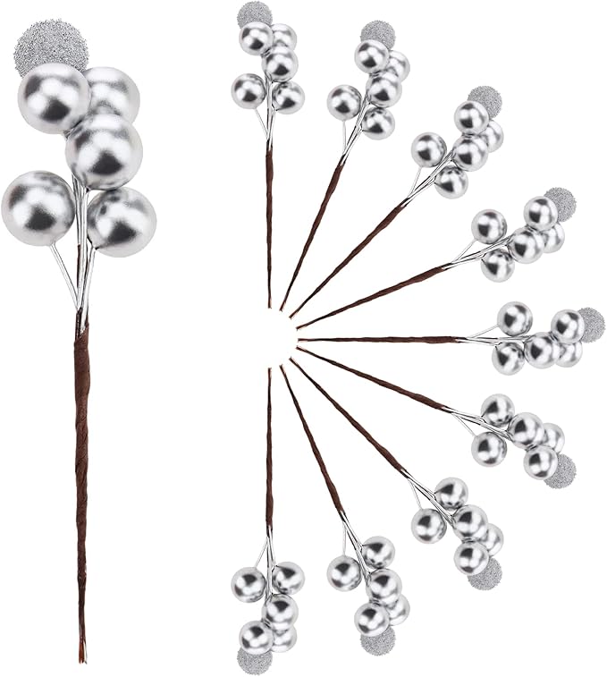 10pcs Fake Silvery Berries Artificial Glitter Decorations Glitter Foam Flower Core Lifelike Plants Picks Wedding Holiday DIY Crafts Bouquet