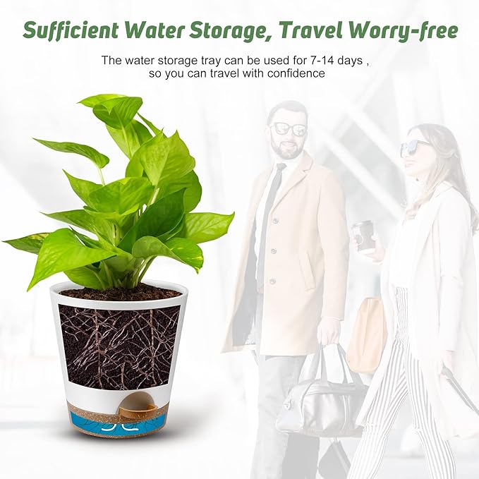 Indoor Self Watering Planters with Drainage Holes and Saucers, 8, 7, 6.5, 6, 5.5, 5 Inches, White, 6 Pots