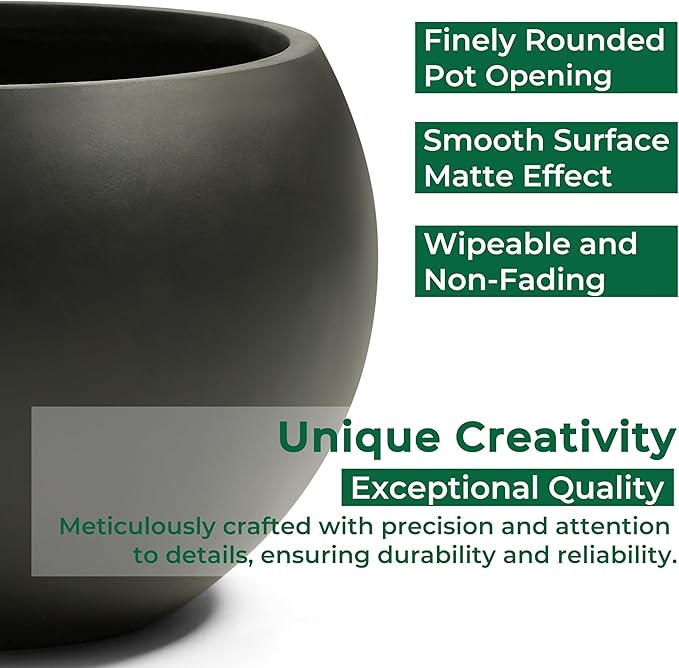 FloraFairy Fiberstone Sphere Planter, Black 15.8" Dia Round Flower Pot with Drainage Hole and Removable Plug, Round Plant Pot for Indoor Outdoor Use, 11.8" Opening-10.9" H, Medium