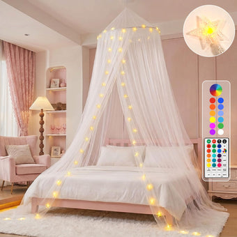 Obrecis Bed Canopy with LED Star Lights, Princess Canopy Bed Curtain