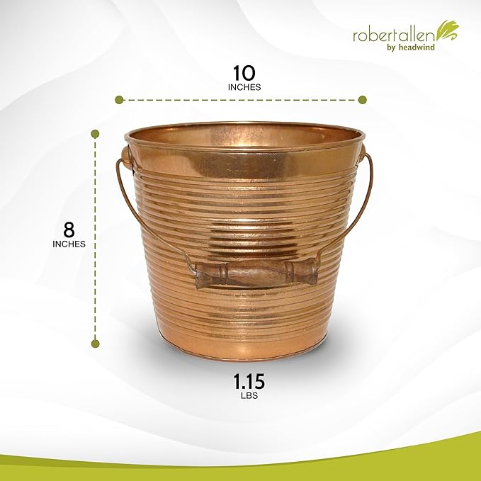 Headwind Robert Allen Vintage Ribbed Metal Planter with Handle, 10-Inch, New Penny – Lightweight Indoor/Outdoor Flower Pot with Drainage Hole