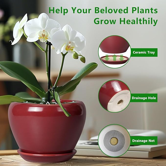 10 Inch Plant Pot - Ceramic Planter Pot with Drainage Hole and Saucer Large Planter for Indoor Plants Round Outdoor Flower Pot Mid-Century Decor Red