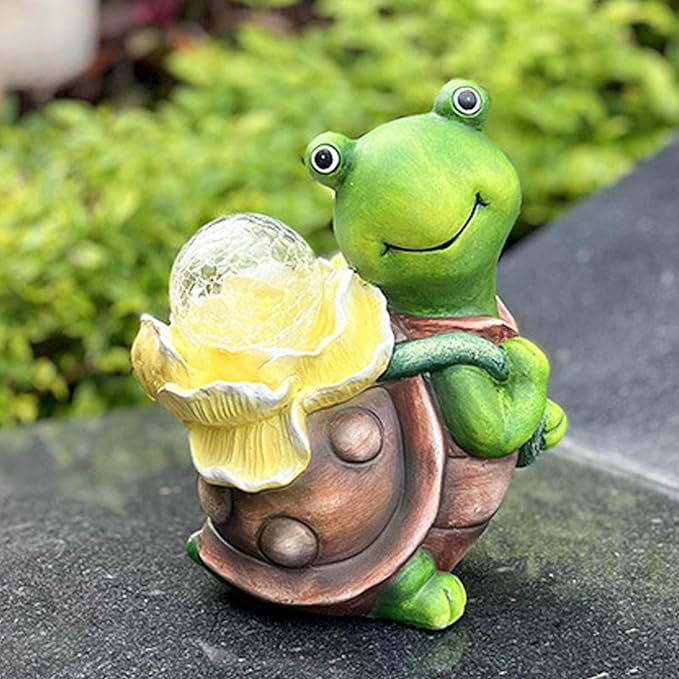Maikall Rish Solar Garden Turtle Statue with LED Light Decorative Cute Turtle Carrying Lantern Design Outdoor Lawn Ornament(Yellow Flower)