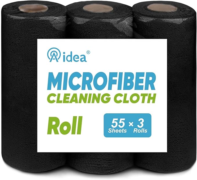 AIDEA Microfiber Cleaning Cloth 165 Sheets 3 Roll, Black Microfiber Towels for Cars, Shop Rags Washable, Cleaning Rags Reusable Paper Towels for Automotive, Mechanic, Workshops, House, 11×9"