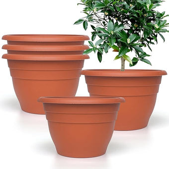 RooTrimmer 5 Pack 10 Inch Plastic Plant Pots Lightweight Planters with Drainage Holes,Durable Indoor & Outdoor Flower Pots for Garden,Patio & Home Decor(Pottery Red)