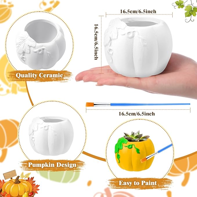 Pasimy 6 Set Ceramics to Paint DIY Ceramic Succulent Planter Pots Paint Your Own Flower Pots Craft Kit Unpainted Bisque Flowerpot with Brush Palette for Family Activity Holiday Gifts(Pumpkin)