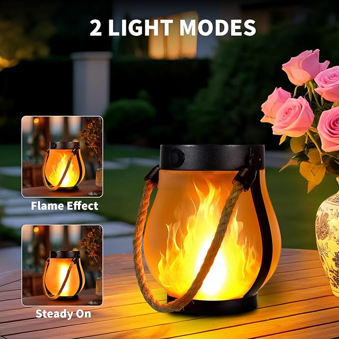 2 Pack Solar Flame Lantern Lights — Flickering Flame Hanging Lanterns Outdoor, Waterproof Garden Lights with 2 Modes Dual Charging USB & Solar Yard, Patio Decor
