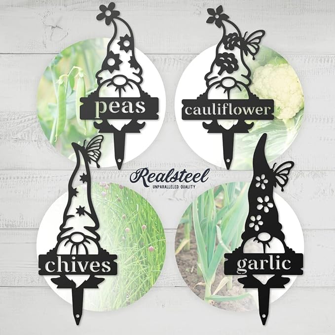 RealSteel Brand, Gnome Plant Markers for Outdoors, Garden Labels Metal Stake, Plant Tags, Garden Sign for Vegetables, Outdoor Decorations, Yard and Gardening Gift - Strawberry