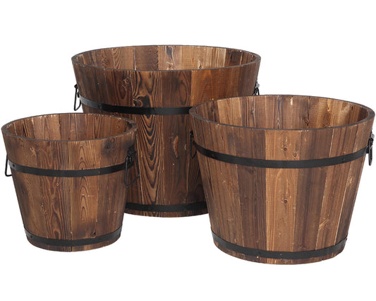BNSPLY 3 Pcs Whiskey Barrel Planters, Wooden Planter Barrel Set with Handle & Drainage Holes, Rustic Outdoor Flower Pots for Plants, Herbs, Veggies, Indoor Outdoor Use, Brown