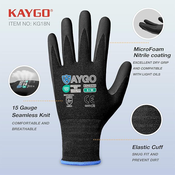 KAYGO Safety Work Gloves MicroFoam Nitrile Coated, 12 Pairs KG18NB,Seamless Knit Nylon Glove with full fingers Touchscreen, Ideal for Automotive,Warehouse,Construction (Large, Black)