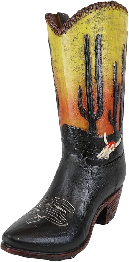 Ebros Gift Rustic Western Faux Tooled Leather Cowboy Cowgirl Boot with Sunrise Dawn Desert Cactus and Cow Skull Decorative Figurine Or Floral Vase Planter Table Countertop Accent