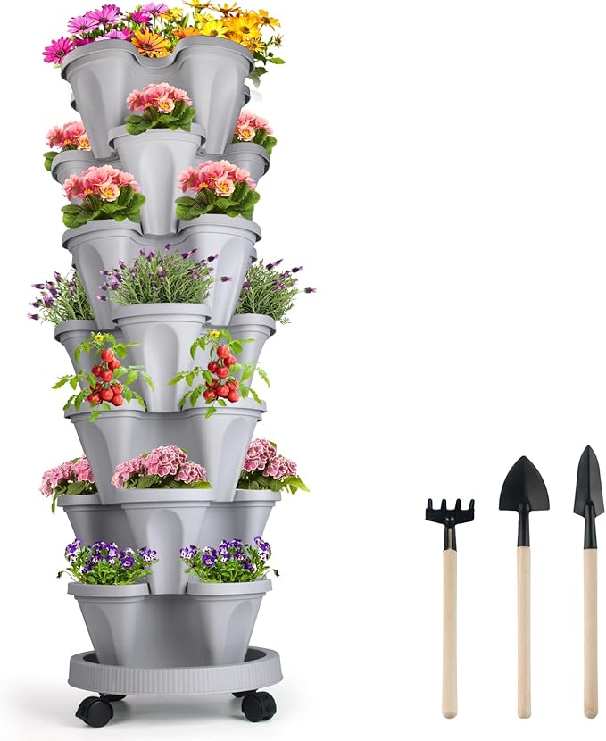 DUNCHATY Stackable Planter with Removable Wheels and Tools, Garden Planting Tower Planters, Indoor Outdoor Gardening Pots - 7 Tier Vertical Garden Planter