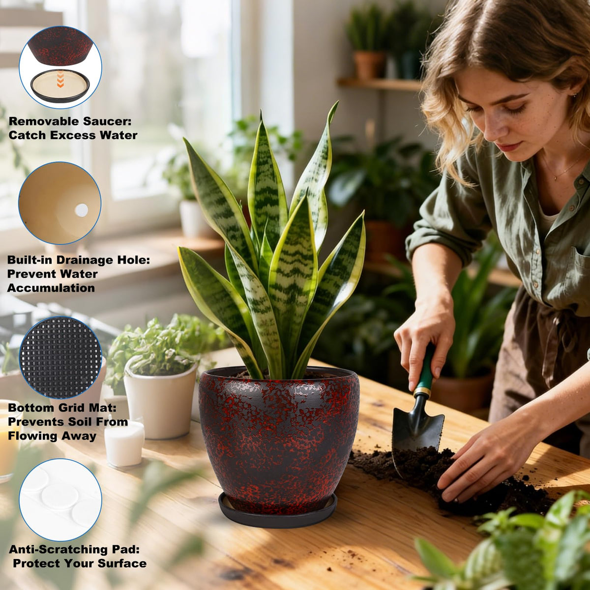 Ceramic Plant Pots With Saucer & Drainage, 6 inch Indoor Flower Pots