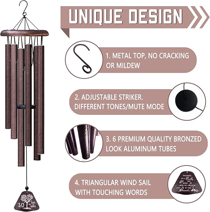 Fusui 10 Year Anniversary Wedding Gifts for Him Her Wife Husband Couple Wind Chimes 32", Ten Year Anniversary Tin Gift, Romantic 10th Anniversary's Romantic Decorations for Him Her Women Men