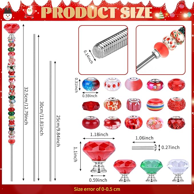 DIY Fairy Wand Garden Beads Stakes Wands Kit,Multiple Color Scheme European Beads Crystal Diamond Tops and 12 or 10 Inch Threaded Rods,Stainless Steel Stakes with Diamond Toppe(red+green+white)